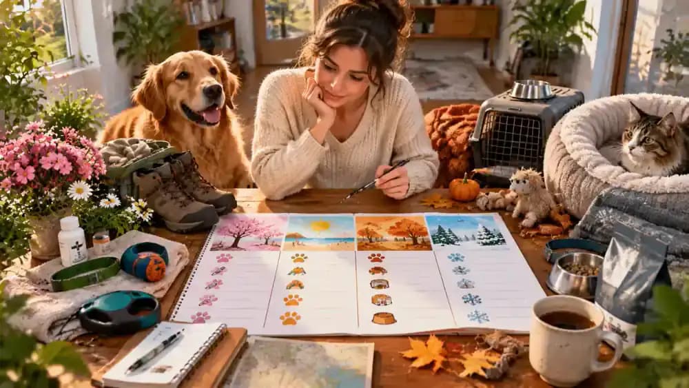 Seasonal collage showing spring grass, a summer hiking trail, autumn boarding preparations, and a winter home with an indoor cat as the owner records questions for a veterinary appointment.