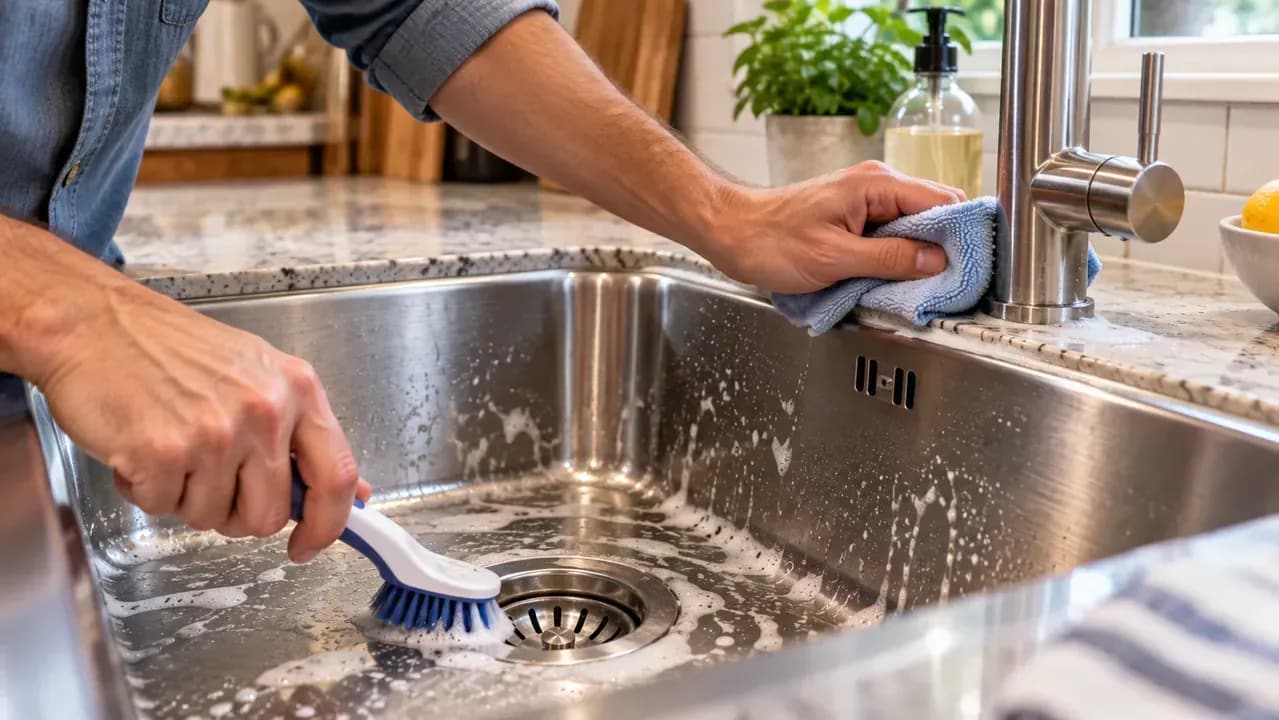 Adult homeowner gently cleaning residue around a kitchen sink drain with a small soft brush and wiping around the faucet base and curved corners with a microfiber cloth.