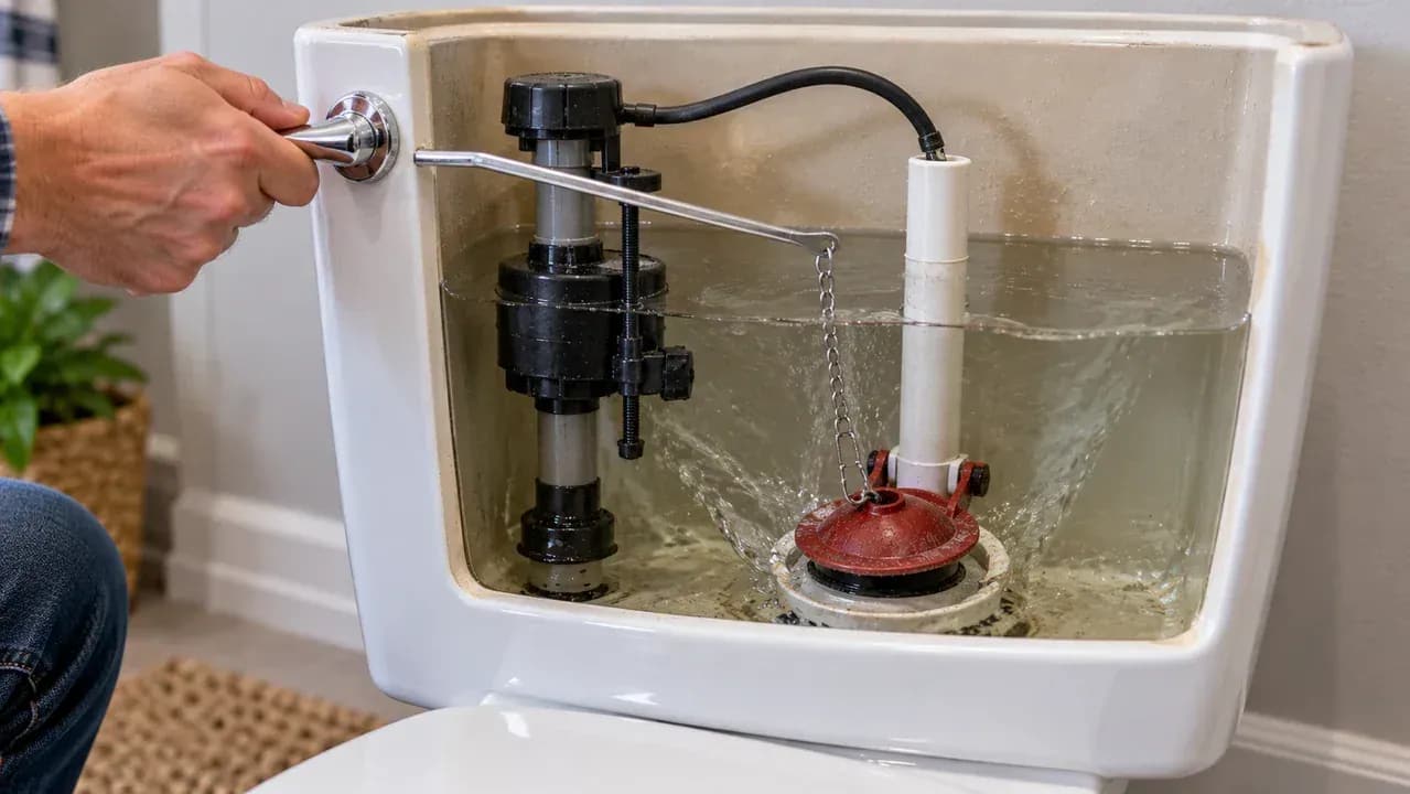 Close-up of a toilet tank with the water supply off, showing a hand pressing the flush handle while the internal lever arm lifts the chain and returns as the flapper closes.