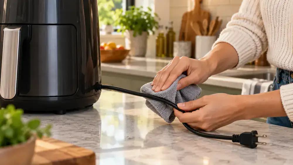 Unplugged appliance upright on a dry counter while hands wipe only the insulated power cord with a lightly damp microfiber cloth, keeping the plug and connection dry.