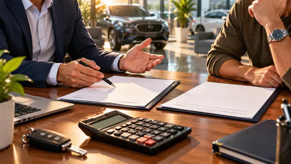 Calculator and two blank financing proposal sheets on a professional automotive finance desk.