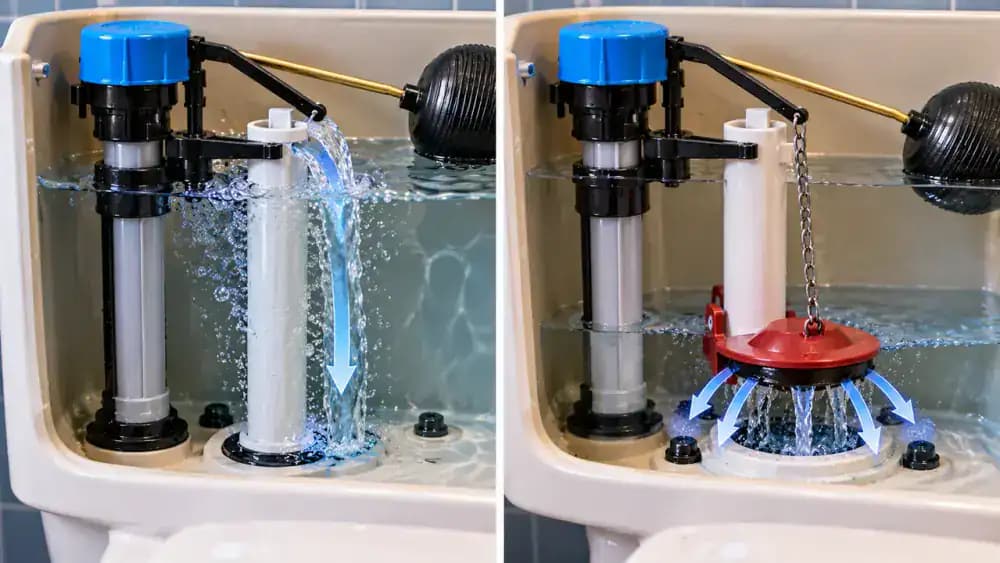 Side-by-side cutaway illustration of two toilet tanks showing water spilling into the overflow tube on the left and water leaking past an improperly sealing rubber flapper on the right, with labeled water flow paths.