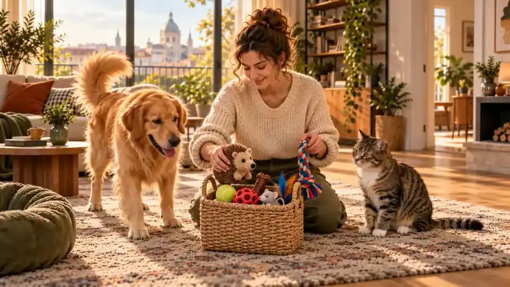 Small basket containing six different dog and cat toys
