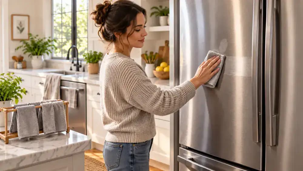 Hand wiping a fresh fingerprint from a stainless steel refrigerator with a dry microfiber cloth while clean microfiber cloths air-dry nearby