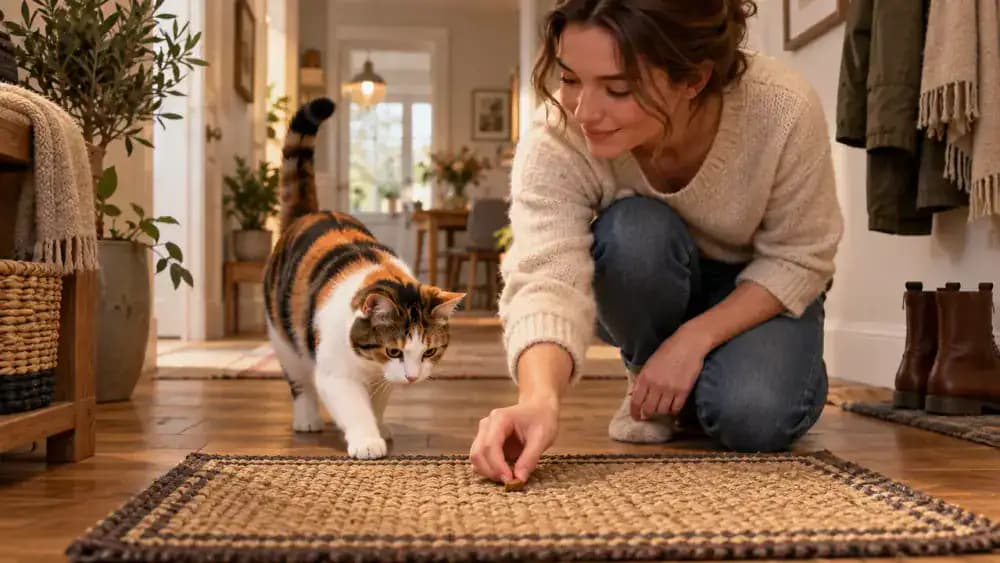 Calico cat standing on a small woven mat in a bright hallway while its owner places a tiny treat on the mat near its paws.