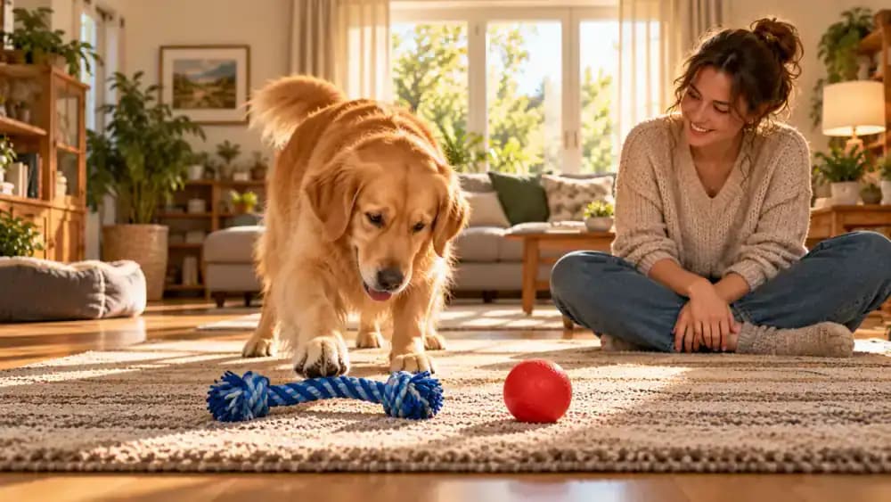 Golden retriever choosing the blue rope toy from two objects on a training mat while its owner sits with hands still.