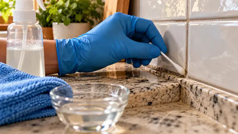 Close-up of blue-gloved hands applying non-acidic grout-safe cleaner with a small foam applicator to a hidden section of ceramic kitchen backsplash tile and cement grout, with an absorbent towel protecting the countertop.