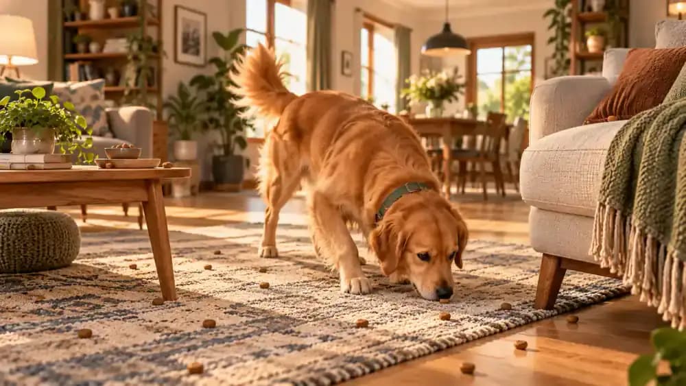 Dog searching for kibble beside a sofa leg and rug edge