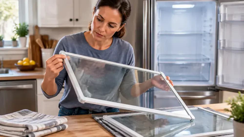 Person inspecting a clean refrigerator glass shelf on a kitchen counter with a dry towel and open refrigerator door before reinstalling it
