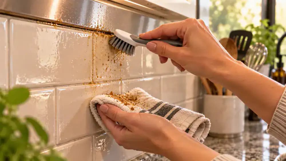 Close-up of a hand gently brushing greasy grout lines beside metal tile trim while a clean cloth catches loosened residue below and nearby seams stay dry.