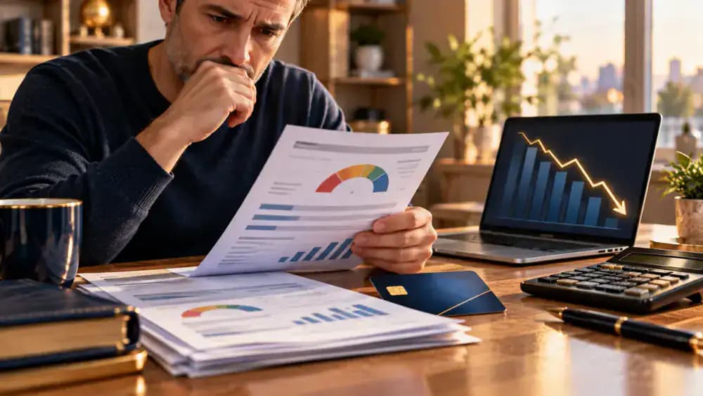 Generic credit report documents and a declining financial graph representing 30-day delinquency reporting.