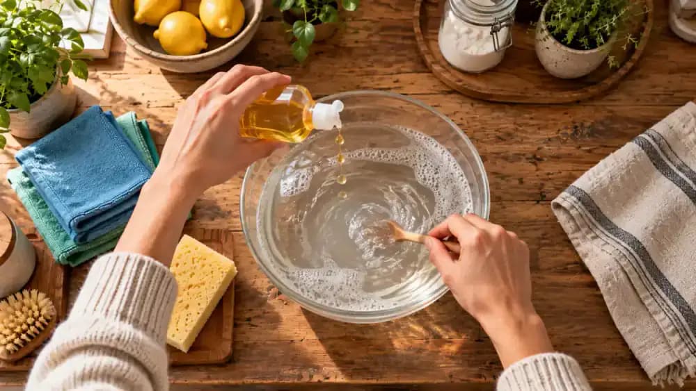 Overhead close-up of a glass bowl holding warm water on a wooden cutting board, with a hand adding three drops of mild dish soap, a metal teaspoon for stirring, and a folded microfiber cloth nearby.
