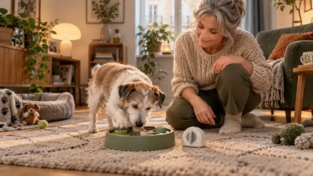 Senior dog working briefly on a puzzle bowl beside a timer