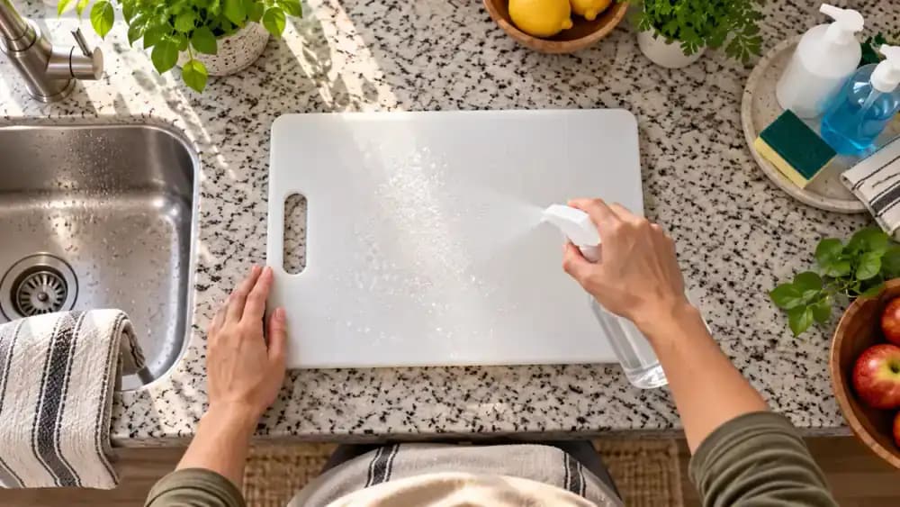 Top-down view of a clean cutting board beside its care guide and one labeled sanitizer while a hand applies sanitizer and sets a kitchen timer.
