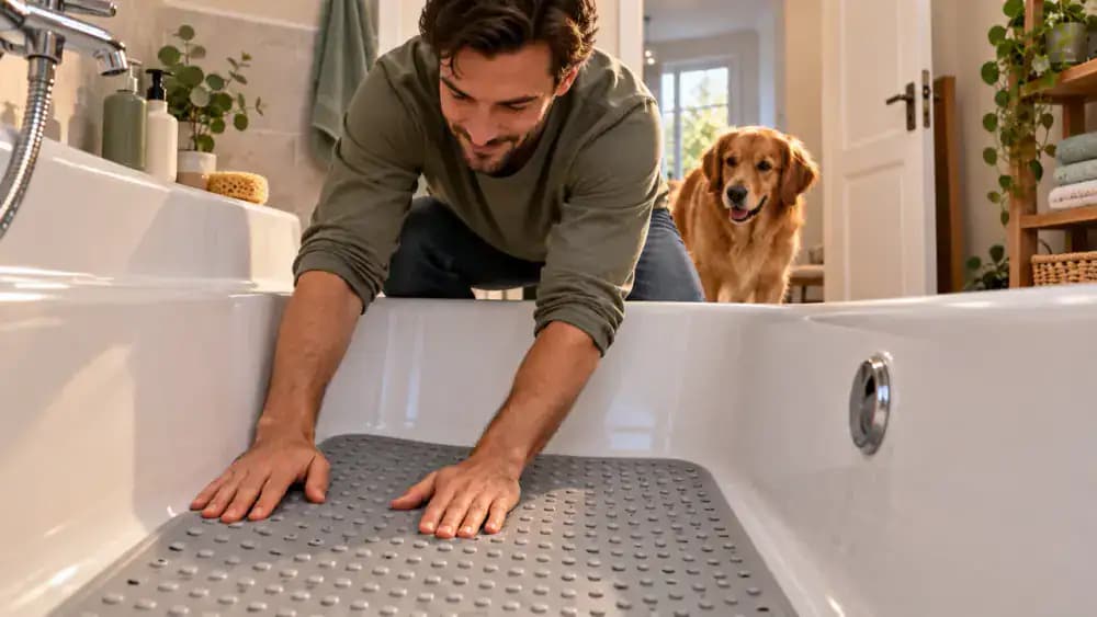 Close low-angle view of an owner pressing a rubber nonslip mat into an empty bathtub and testing its grip.