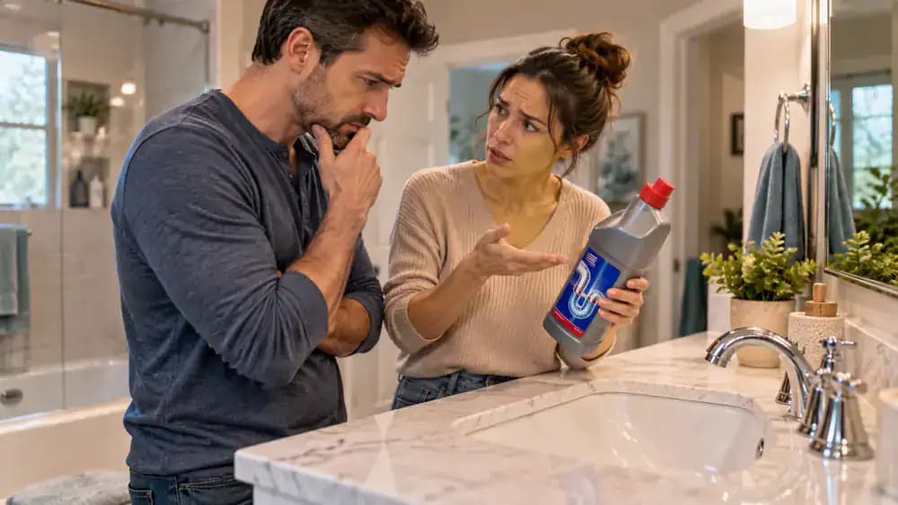 Homeowner standing beside a bathroom sink and asking another adult about previous chemical drain cleaner use, with an unused plastic drain-cleaning tool on a dry towel and a safety graphic showing when to stop and call a plumber.
