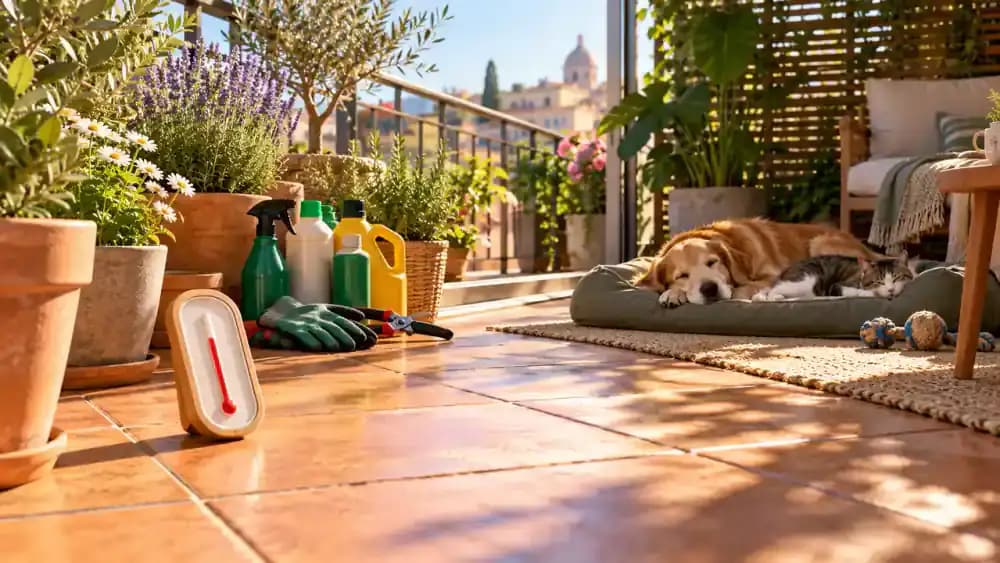 Sunlit apartment balcony where an owner removes a potentially toxic plant, cleaning spray, and sharp gardening tools, checks hot floor tiles with a thermometer, and prepares a shaded mat and water bowl.