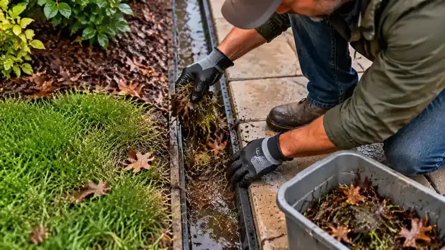 Overhead view of a homeowner standing on dry patio paving, using a gloved hand and small garden rake to remove wet leaves and grass clippings from a shallow surface drainage channel with a small amount of rainwater behind the blockage.