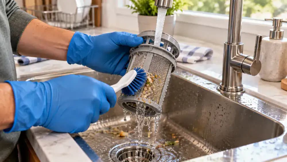 Gloved adult removing visible food scraps from a dishwasher filter over a lined trash can using a folded paper towel and soft brush beside a bright kitchen sink.
