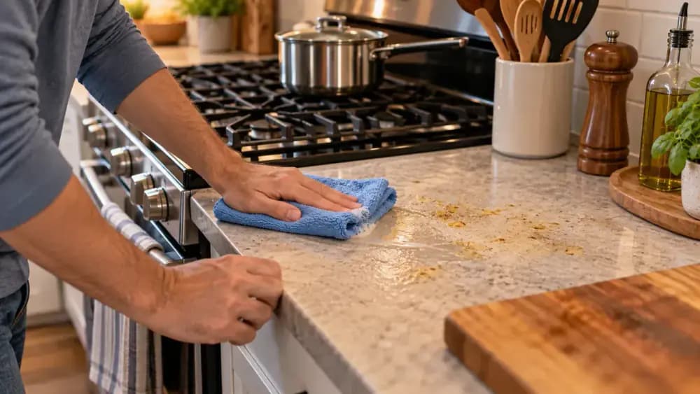 Adult homeowner applying diluted dish soap to a barely damp microfiber cloth and wiping greasy film from laminate beside a stove while keeping seams and the backsplash joint dry.