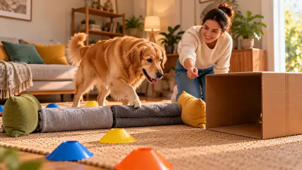 Dog calmly stepping over a low rolled towel, exploring and walking through a wide cardboard tunnel, then completing the connected three-station course with treats and encouragement from its owner.