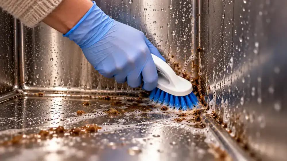 Gloved person wiping the lower interior walls, rim, and drainage points of an empty trash can with a damp microfiber cloth.