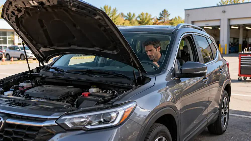 Driver making a brief starting attempt in a parked American crossover while the engine cranks at normal speed but does not start and the tachometer remains below idle.