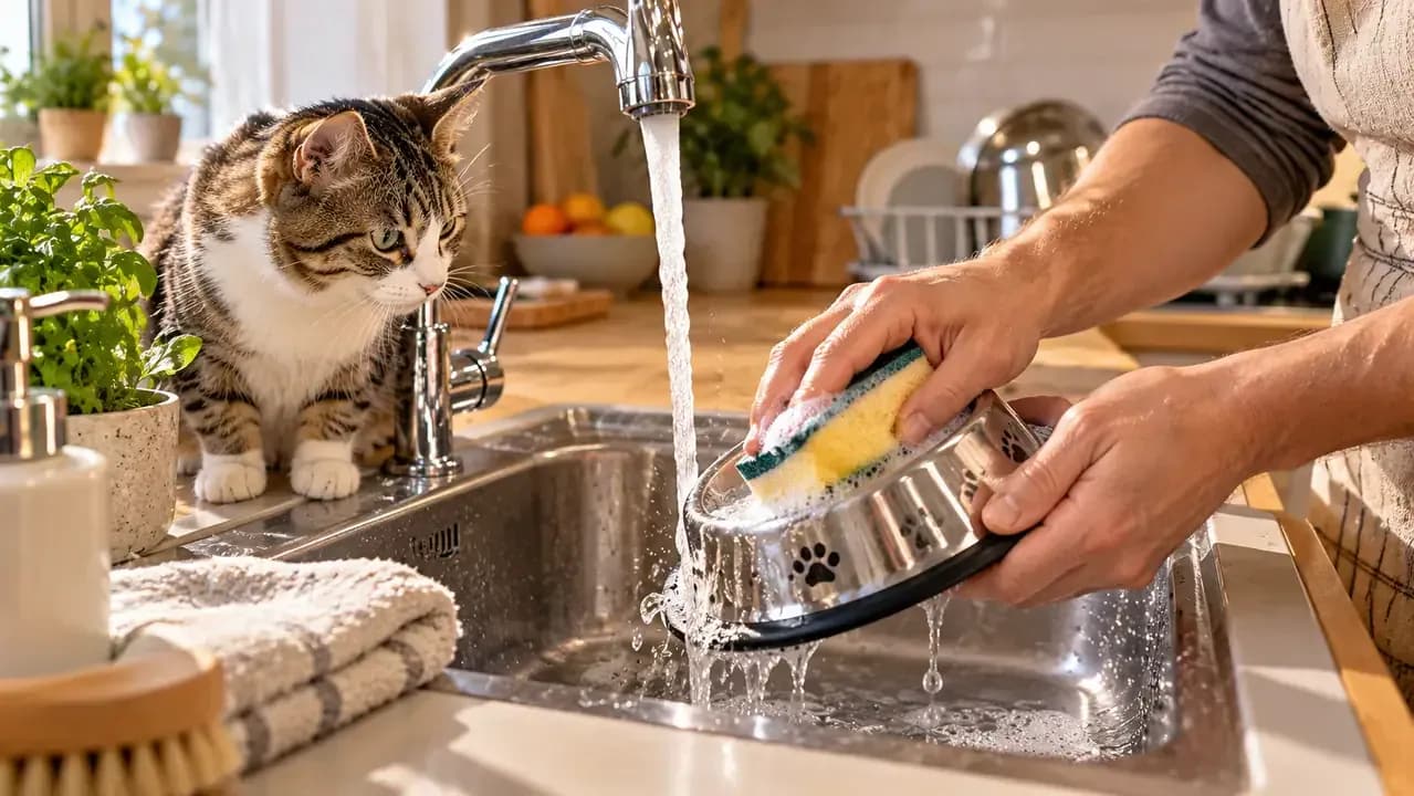 Owner washing and thoroughly rinsing a cat water bowl at the sink