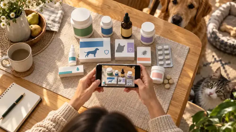 Pet owner photographing veterinary medication labels and recording doses while a golden retriever rests nearby
