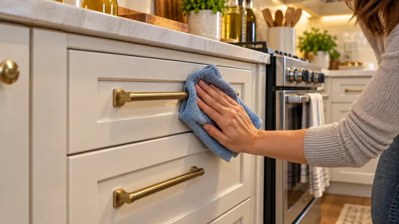 Fresh dry microfiber cloth wiping moisture from a cleaned painted cabinet door, including the lower edge and vertical seam, with the surface drying behind the cloth.