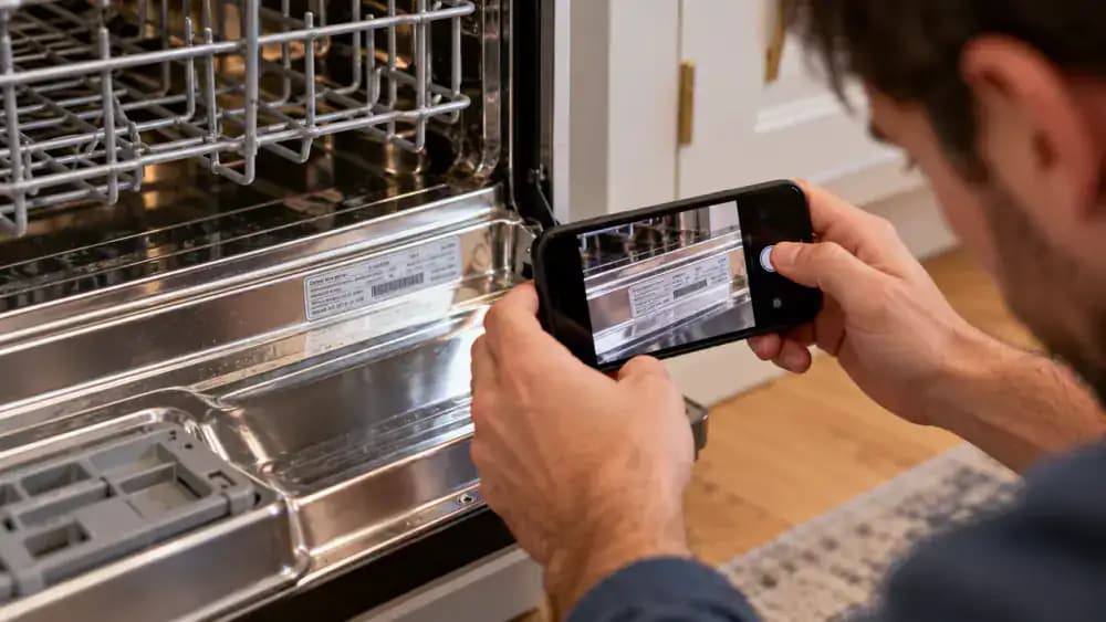 Person photographing a dishwasher model number label inside the door frame with a smartphone, then reviewing dishwasher cleaning and descaling instructions on an illustrative manufacturer support page.