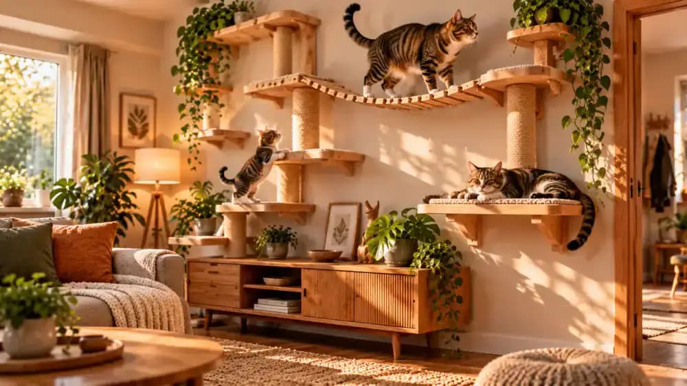 An agile adult cat climbs connected wall shelves, a kitten steps onto a low platform, and an older cat rests on a broad, low perch.