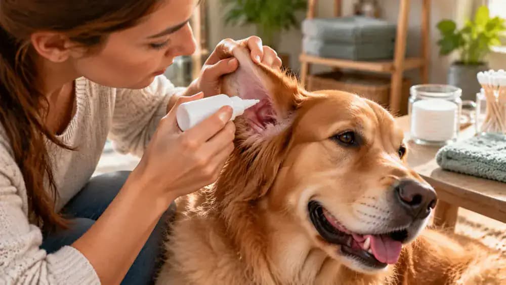 Owner applying a dog-specific ear cleaner according to its instructions while keeping the bottle tip outside the ear opening, with the relaxed dog remaining comfortable.