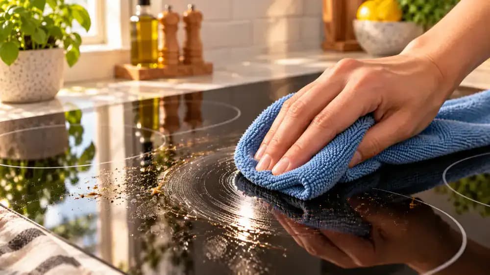 Close-up side view of a hand gently wiping greasy fingerprints from a cooled black glass-ceramic electric cooktop with a soft microfiber cloth, spreading a thin cream-colored cleaner film in overlapping circular motions near the front-right burner.