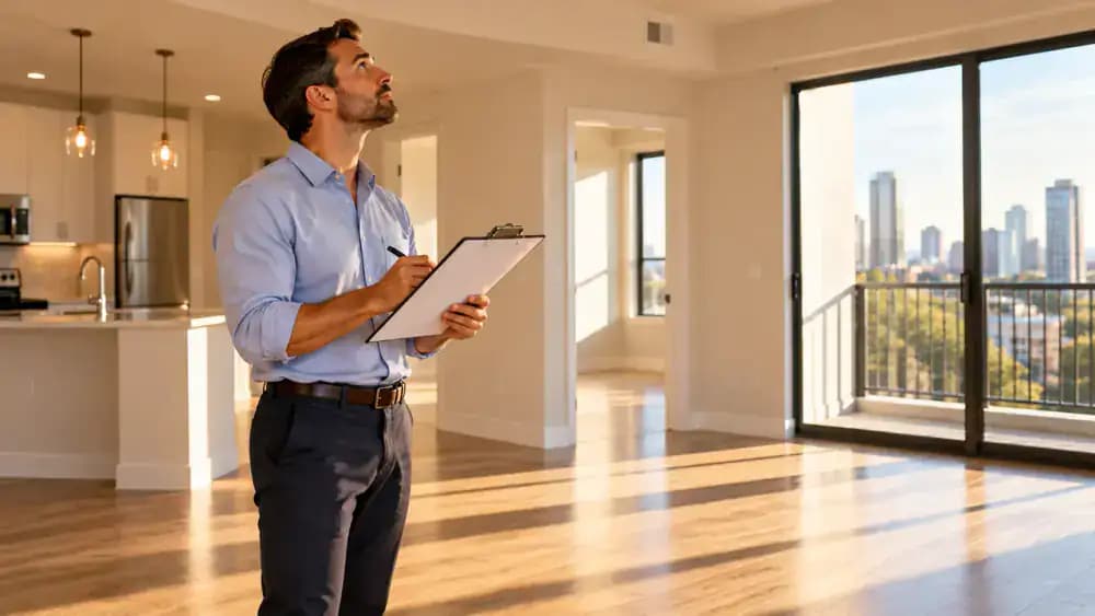 Property manager inspecting an empty rental living room while holding a clipboard.