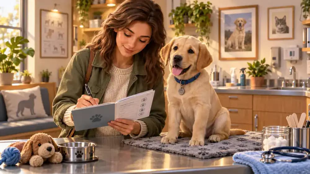 Labrador puppy on a veterinary examination table while its owner updates a vaccination log