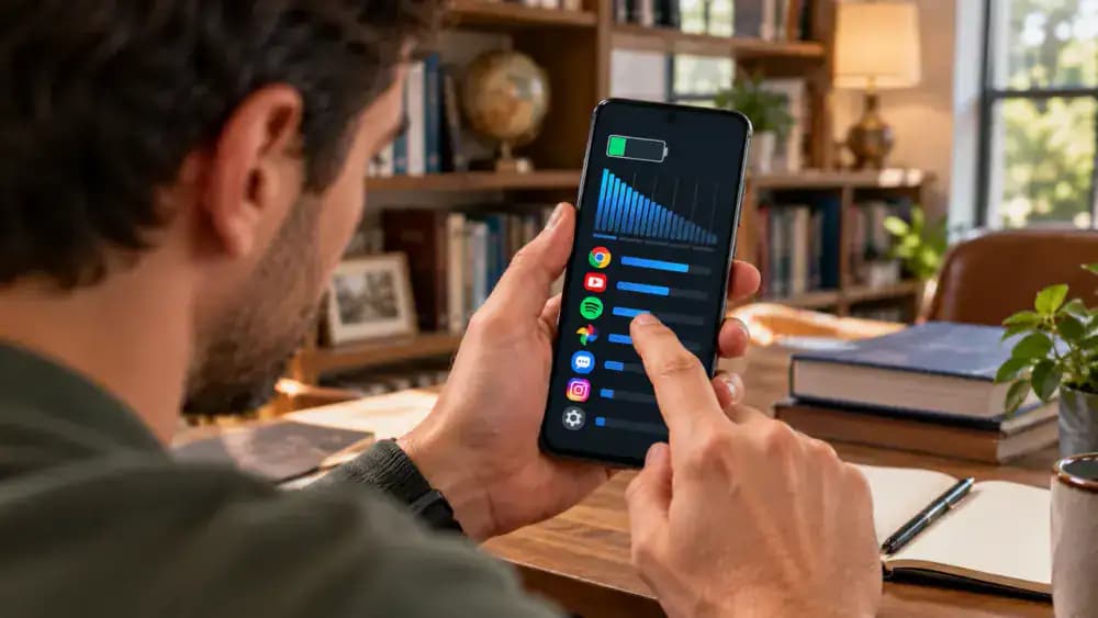 Adult holding an Android smartphone in a library, showing an illustrative Battery usage list with Maps at 28%, Video at 21%, Messages at 9%, and Weather at 8%, while selecting Weather to inspect its battery details.
