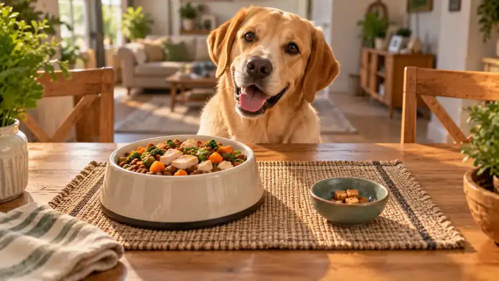 Healthy Labrador beside a measured bowl of dog food and a small dish of training treats, with a graphic showing 450 calories for meals and 50 for extras.