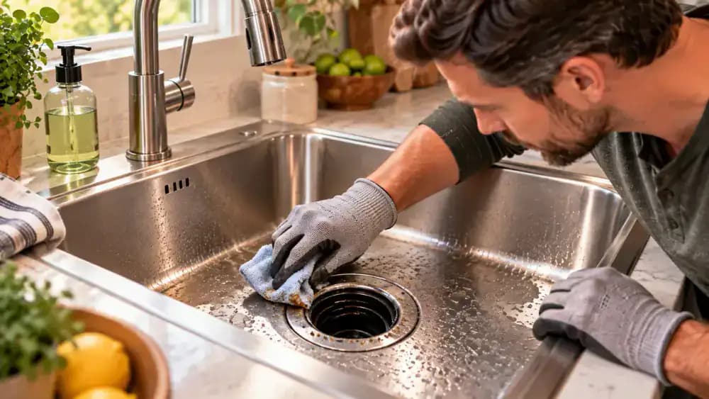 Homeowner flushing a garbage disposal with cool running water after restoring power, with cleaning tools removed and both hands kept safely away from the drain opening.