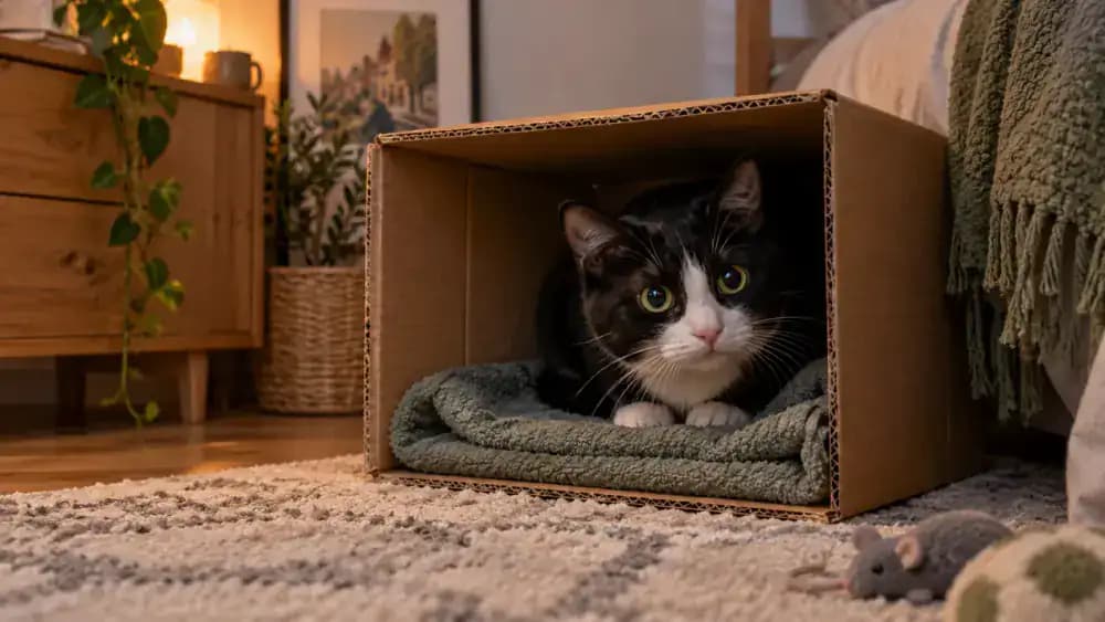 Cardboard box hide with towel and shy cat inside