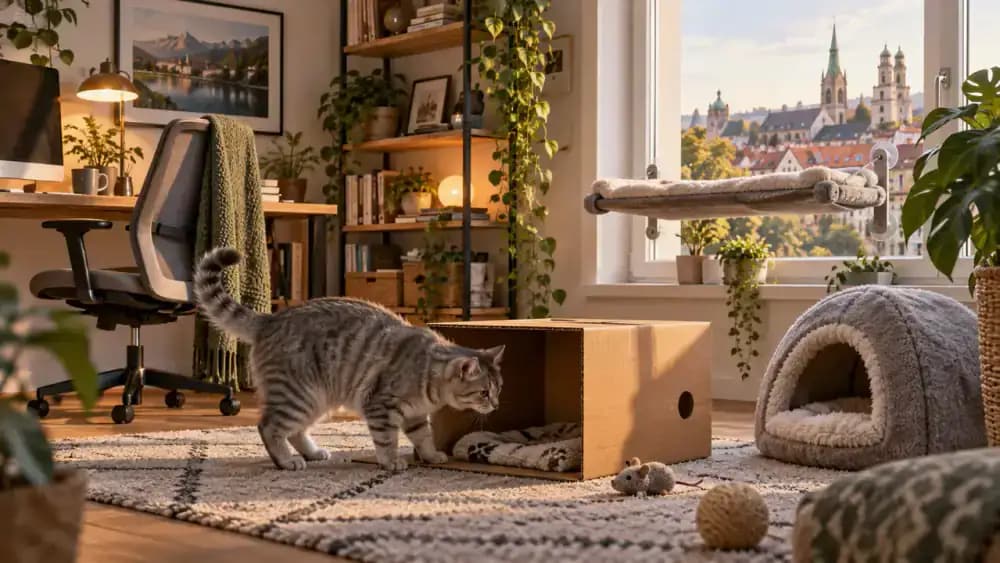 Gray tabby cat investigating a cardboard box in a quiet home office, with a covered cat bed nearby and a secure window perch above as the owner checks its stability.
