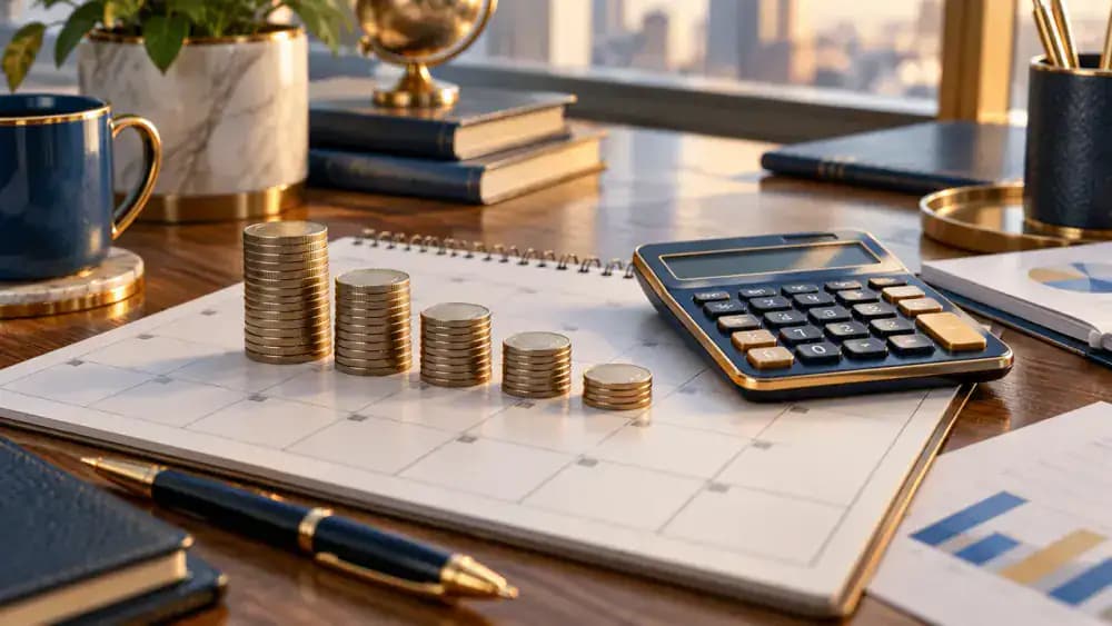 Calculator next to a sequence of declining financial balances
