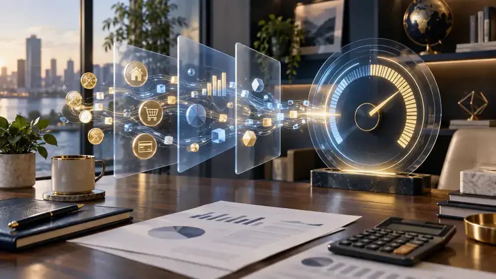 Financial data flowing into an abstract digital credit scoring gauge.