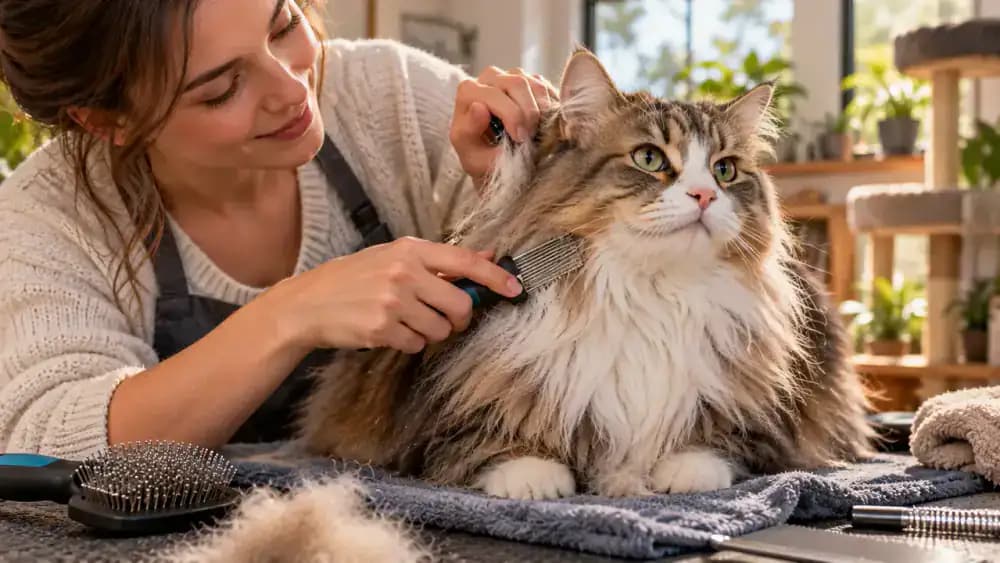 Long-haired cat being gently detangled in small sections