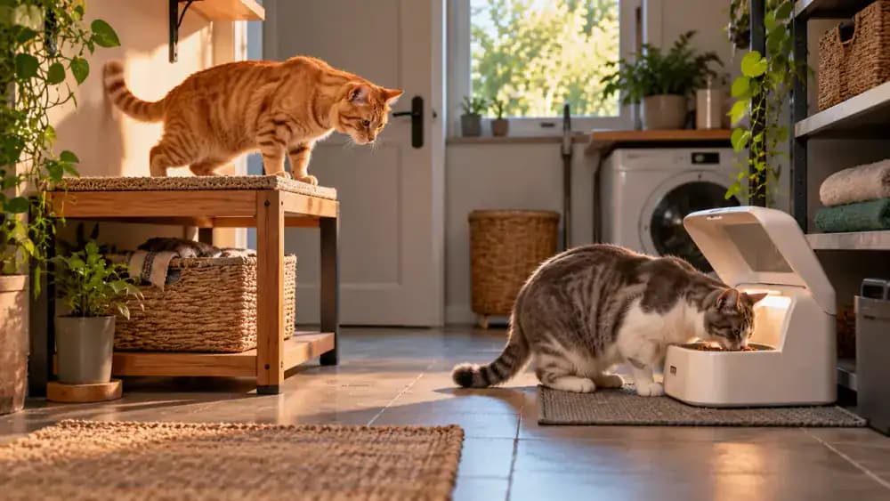 Orange tabby stepping onto a stable elevated feeding platform while a gray-and-white cat approaches an opening microchip feeder in a modern utility room.