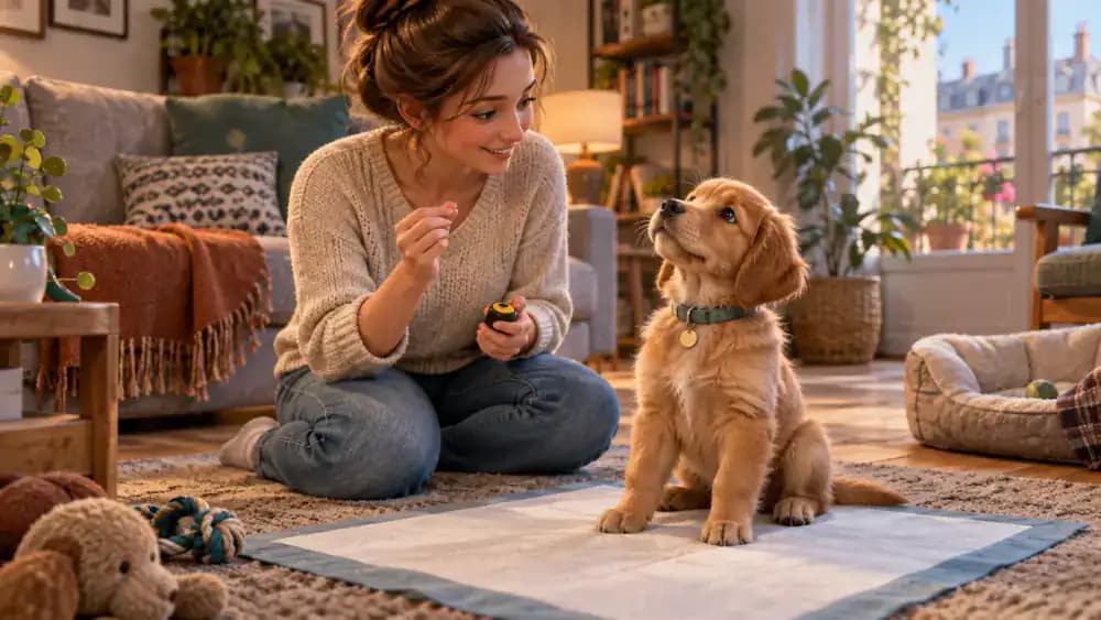 A trainer marking a small backward head movement as a puppy stands on a training mat beside a closed hand containing a treat.