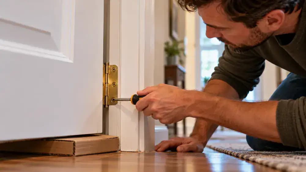 Homeowner kneeling beside an open white interior door, gently tightening a loose screw in the lower brass hinge with a manual Phillips-head screwdriver while folded cardboard supports the door above a hardwood floor.