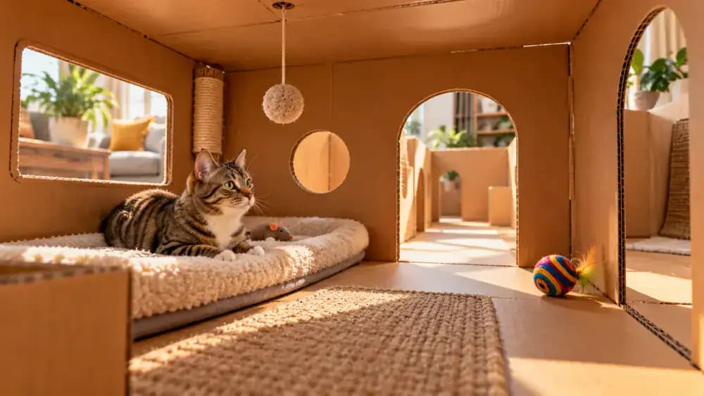 Adult adding a small observation window to a cardboard cat maze, placing a soft resting pad inside a spacious chamber, and positioning a colorful toy and treat near an exit.