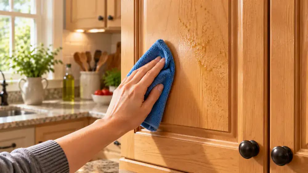 Close-up of a hand using a folded blue microfiber cloth to gently wipe downward along the vertical grain of a satin-finished oak kitchen cabinet door, while another hand holds a dry cotton towel.