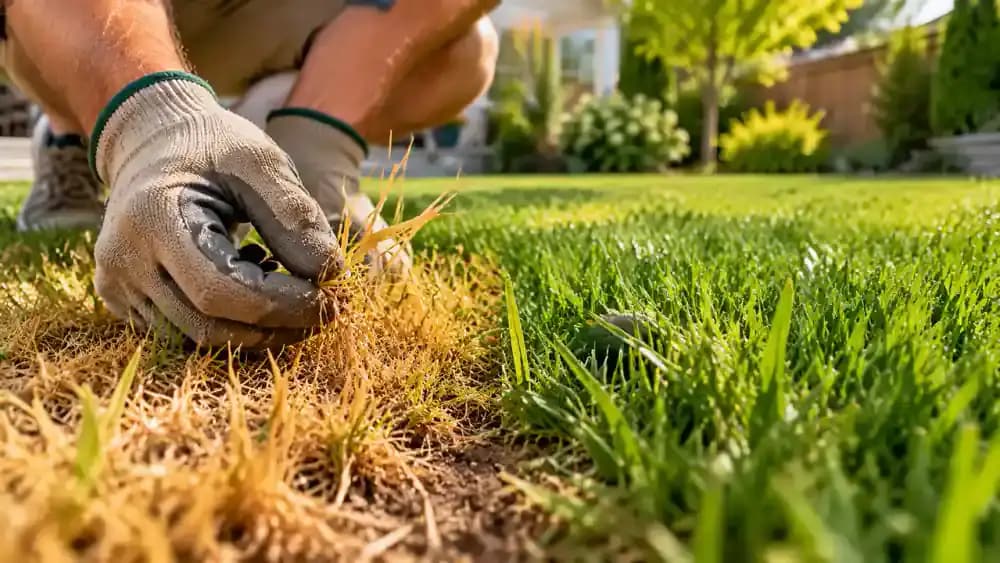 Close-up of a gloved hand parting sparse yellow lawn grass beside denser green turf to compare blade color and growth.